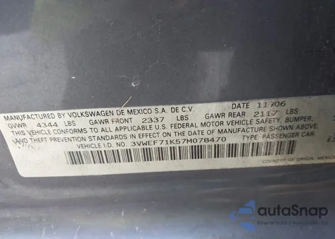 2007 Volkswagen Jetta из США, поврежденный, VIN 3VWES71K57M078470